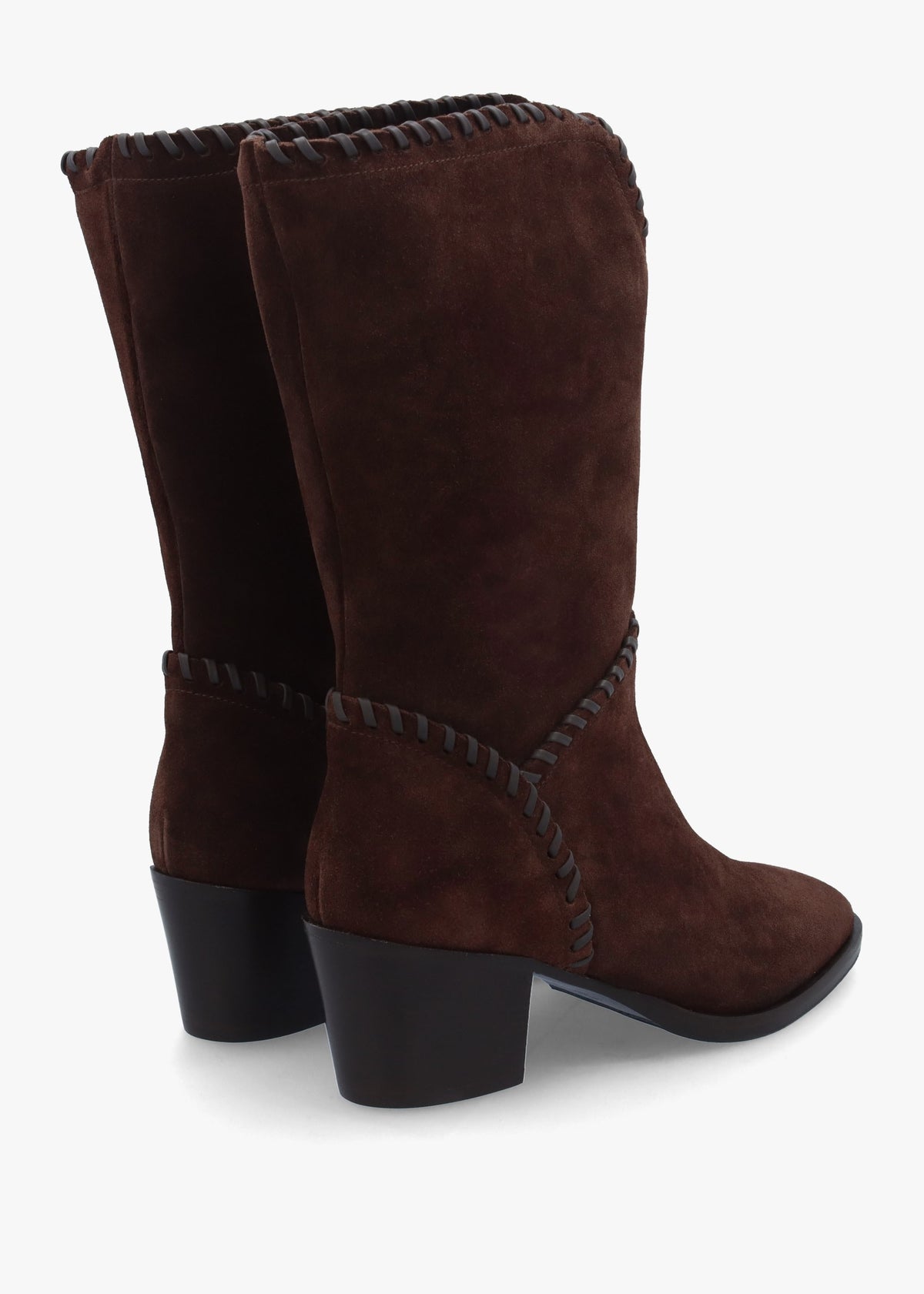 Nyla Brown Suede Whipstitched Stacked Heel Calf Boots