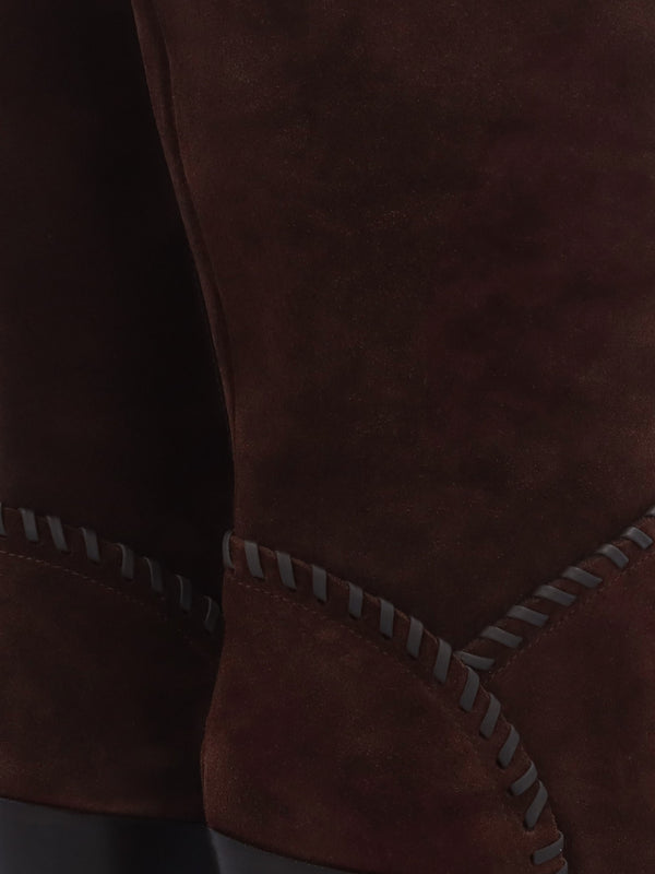 Nyla Brown Suede Whipstitched Stacked Heel Calf Boots
