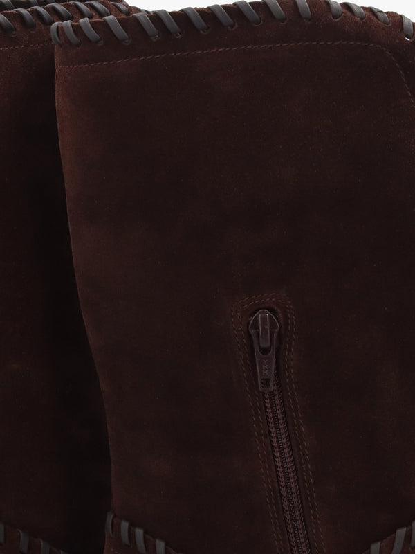Nyla Brown Suede Whipstitched Stacked Heel Calf Boots