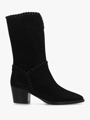 Nyla Black Suede Whipstitched Stacked Heel Calf Boots