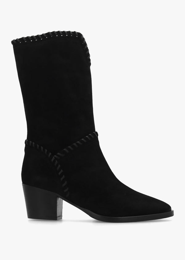 Nyla Black Suede Whipstitched Stacked Heel Calf Boots
