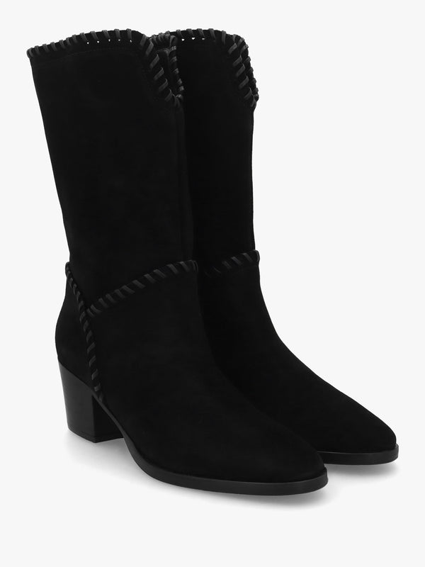 Nyla Black Suede Whipstitched Stacked Heel Calf Boots