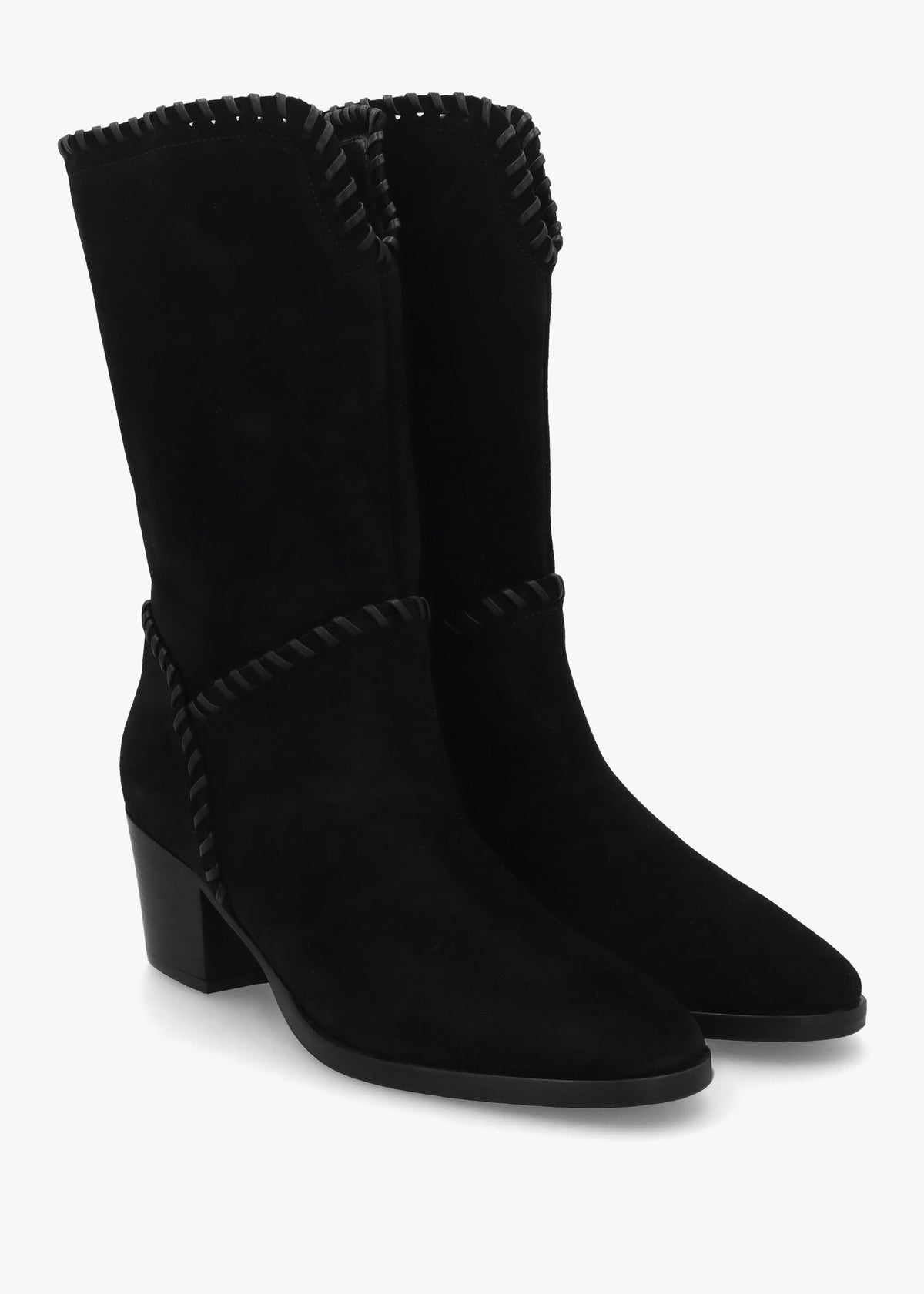 Nyla Black Suede Whipstitched Stacked Heel Calf Boots