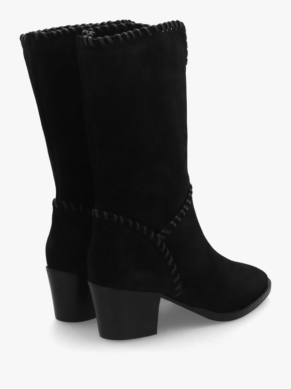 Nyla Black Suede Whipstitched Stacked Heel Calf Boots