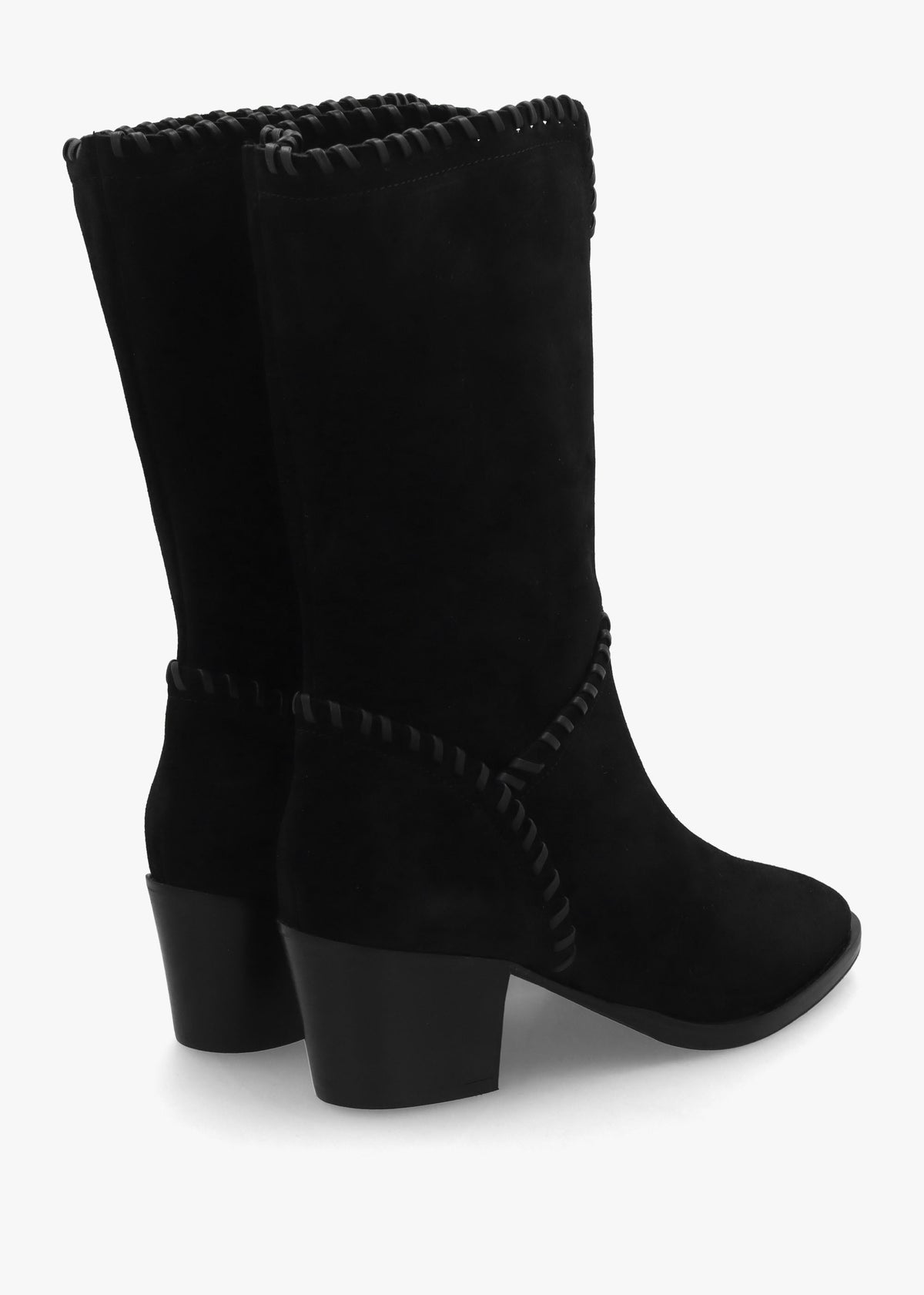 Nyla Black Suede Whipstitched Stacked Heel Calf Boots