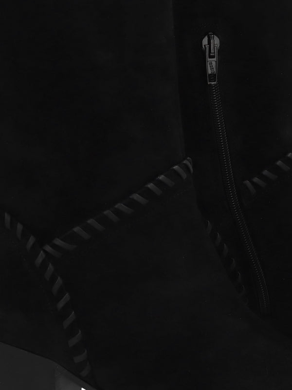 Nyla Black Suede Whipstitched Stacked Heel Calf Boots