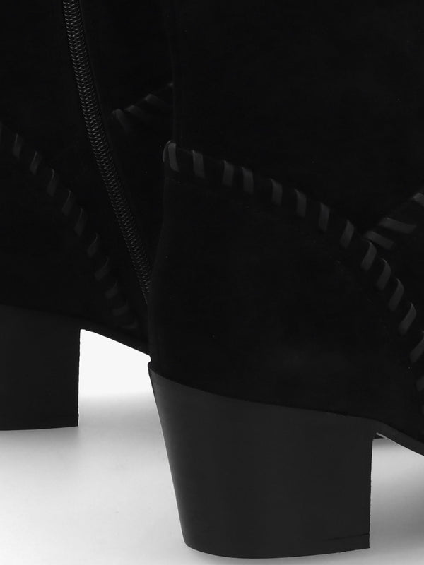 Nyla Black Suede Whipstitched Stacked Heel Calf Boots