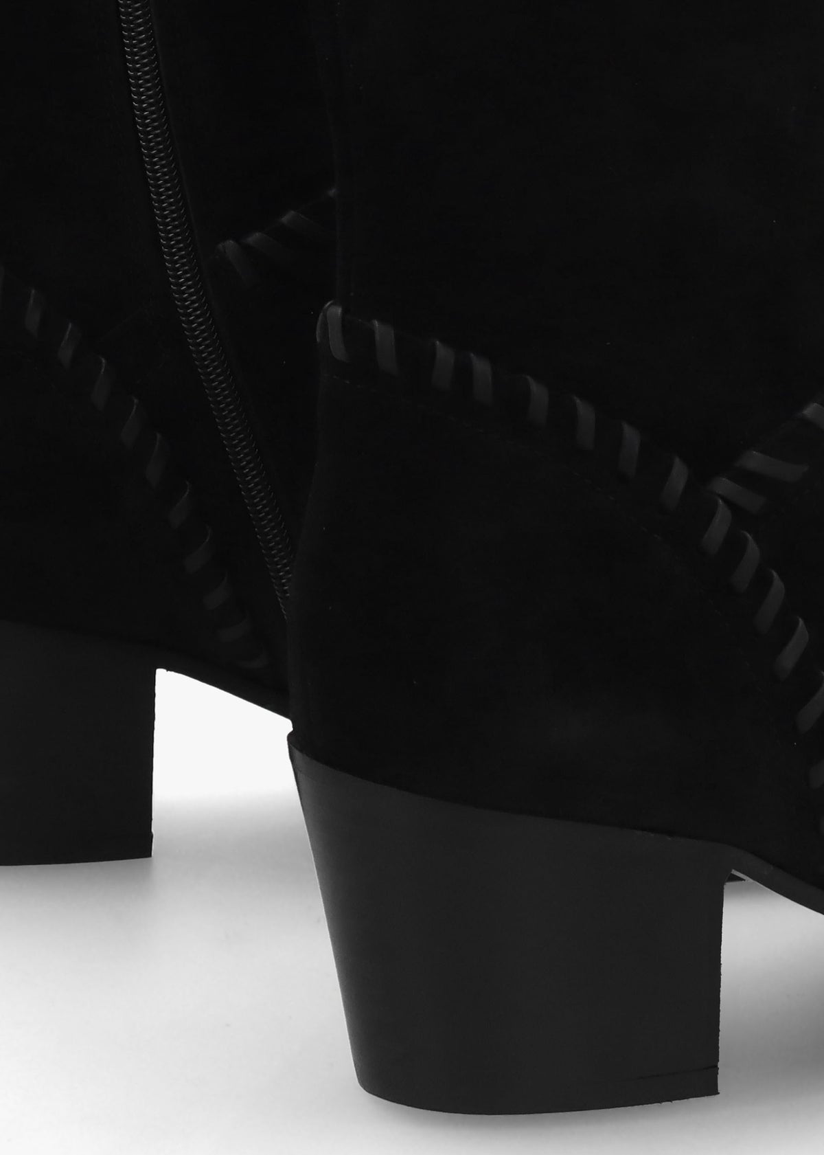 Nyla Black Suede Whipstitched Stacked Heel Calf Boots