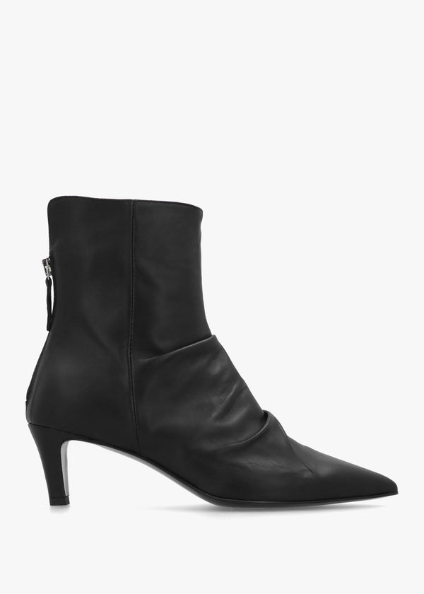 Nia Black Leather Rouched Front Low Heel Ankle Boots