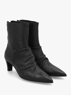 Nia Black Leather Rouched Front Low Heel Ankle Boots