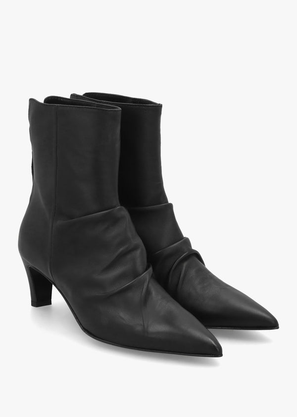 Nia Black Leather Rouched Front Low Heel Ankle Boots
