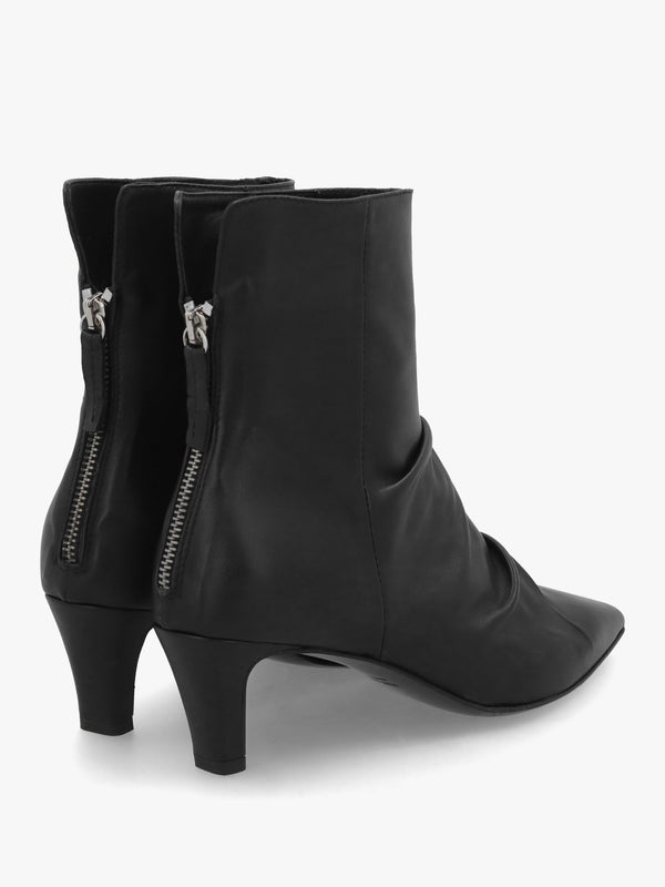 Nia Black Leather Rouched Front Low Heel Ankle Boots