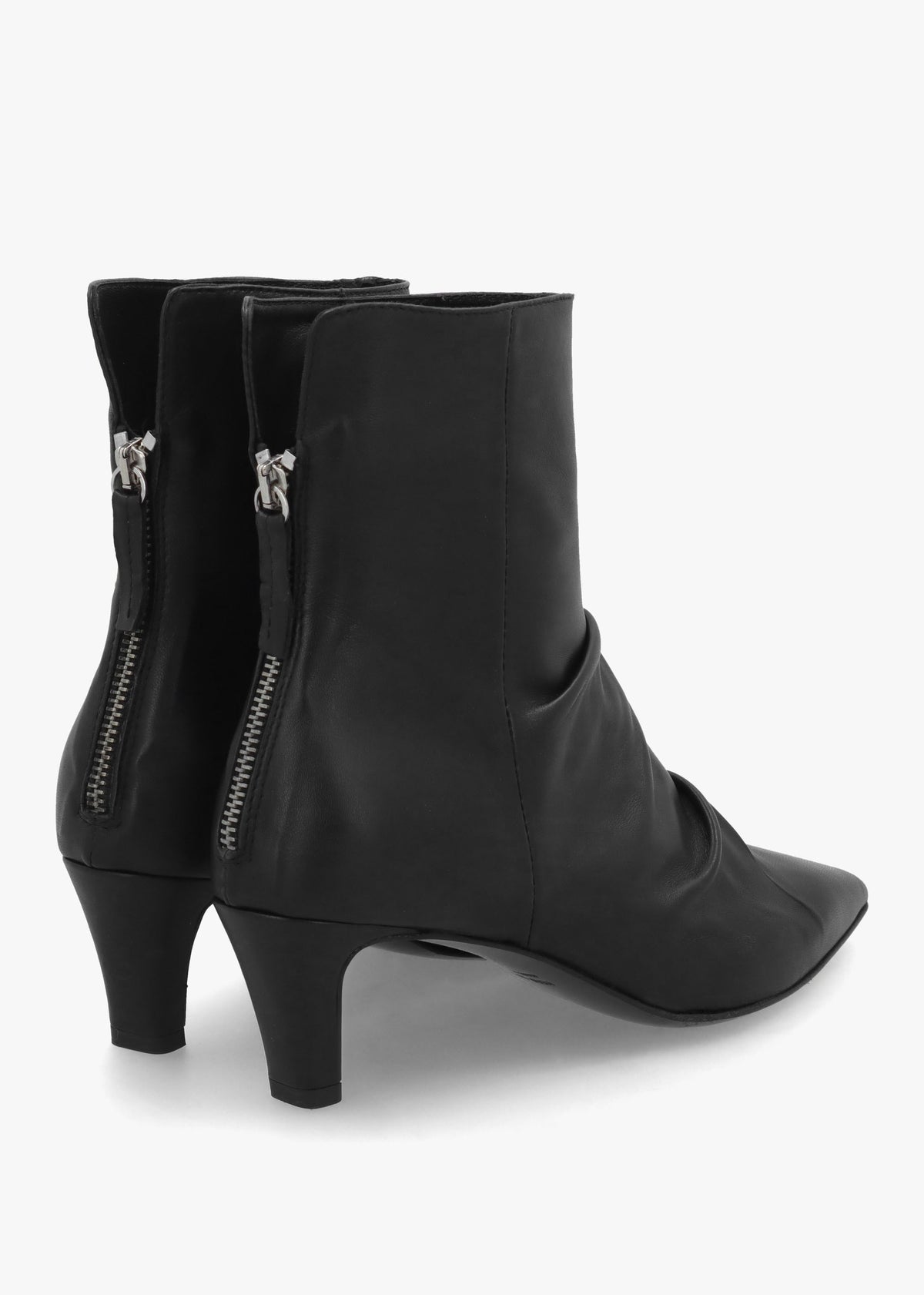 Nia Black Leather Rouched Front Low Heel Ankle Boots