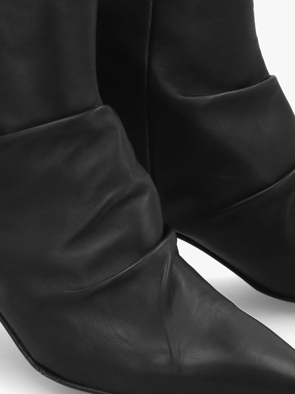 Nia Black Leather Rouched Front Low Heel Ankle Boots
