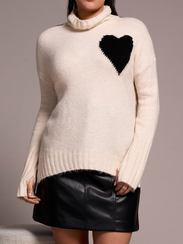 Roll Neck Heart Cream Knitted Jumper
