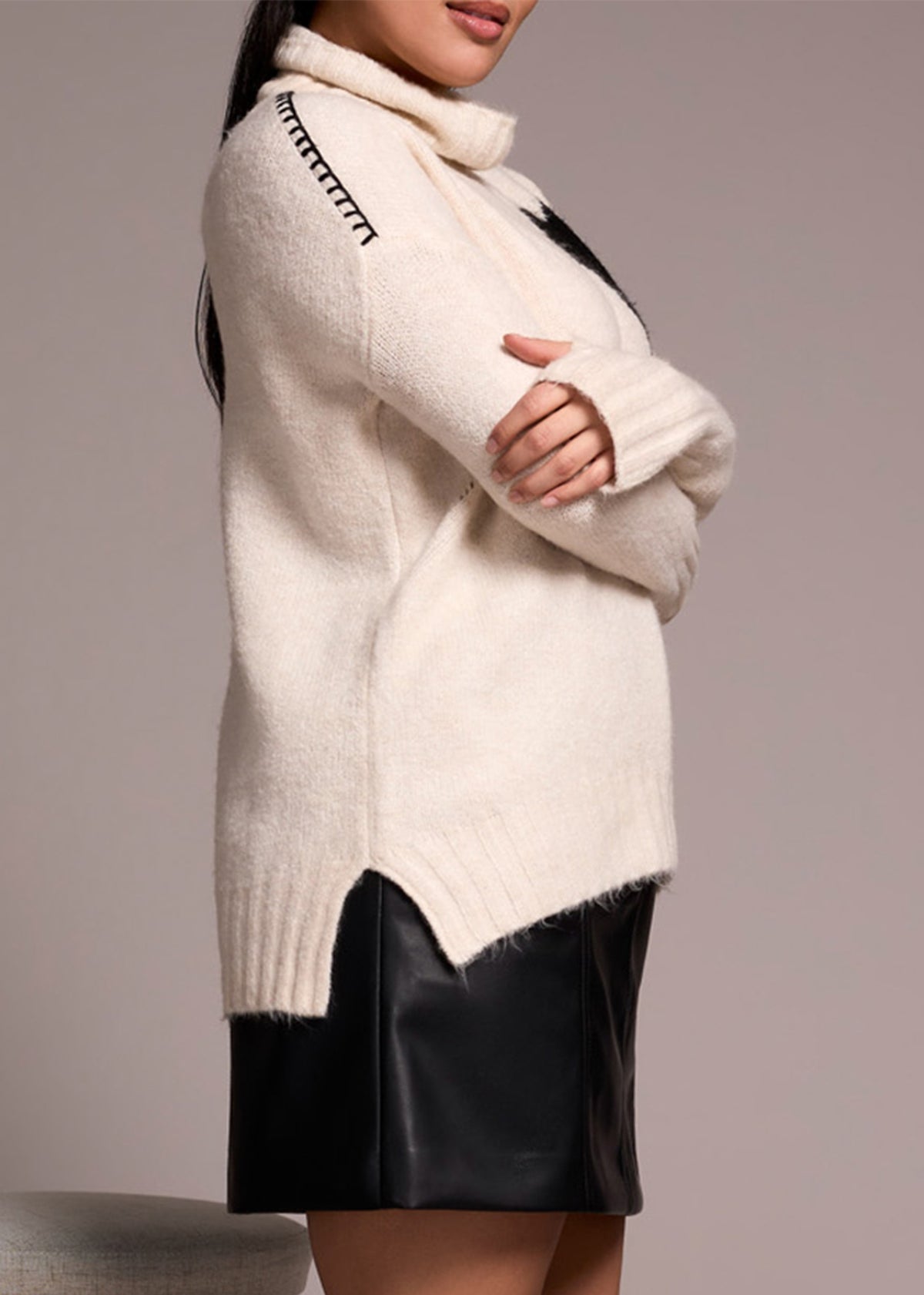 Roll Neck Heart Cream Knitted Jumper