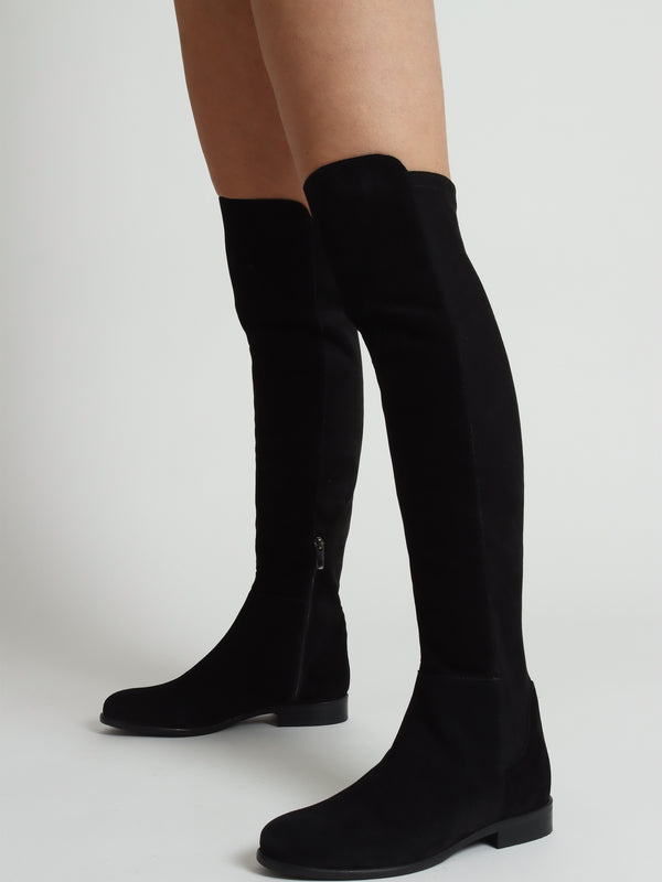 Liz Black Suede Flat Knee Boots
