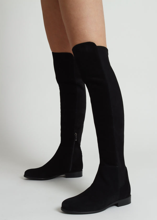 Liz Black Suede Flat Knee Boots