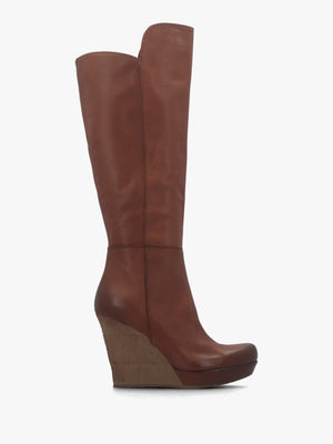 Wisdom Tan Leather Knee High Wedge Boot