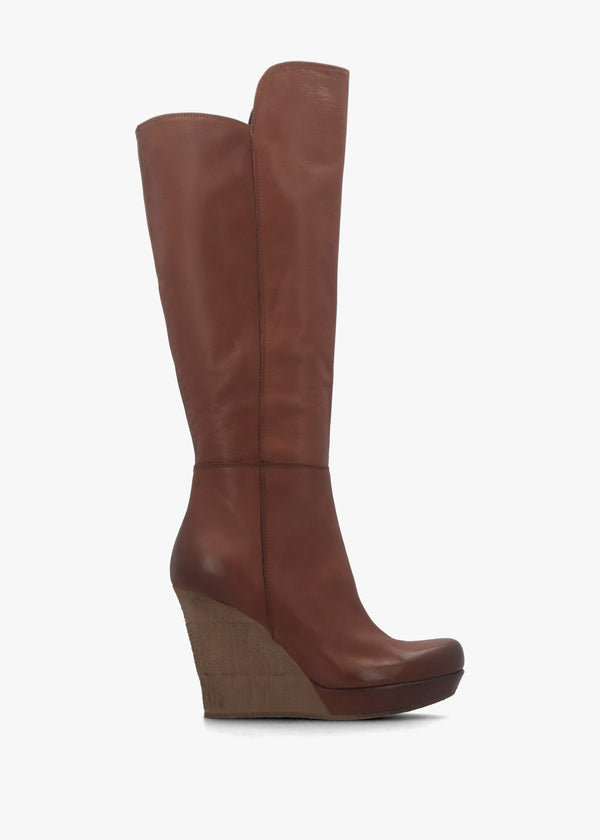 Wisdom Tan Leather Knee High Wedge Boot