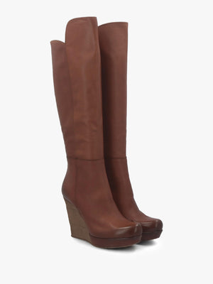 Wisdom Tan Leather Knee High Wedge Boot