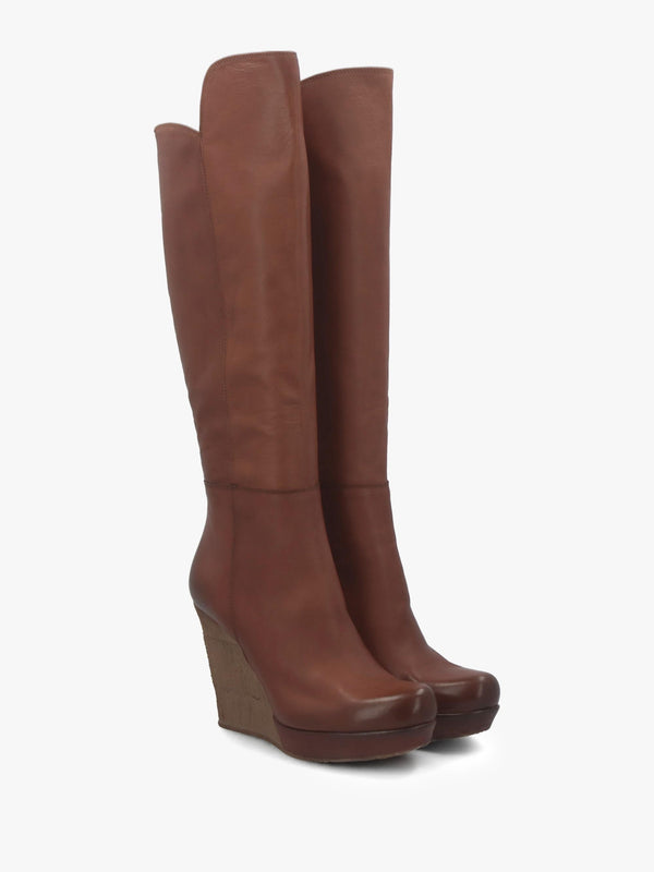 Wisdom Tan Leather Knee High Wedge Boot