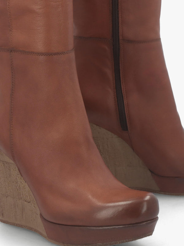 Wisdom Tan Leather Knee High Wedge Boot