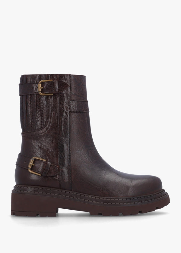 Ibuck Brown Leather Chunky Biker Boots