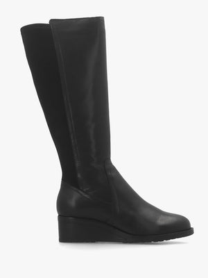 Rayna Black Leather Low Wedge Knee Boots
