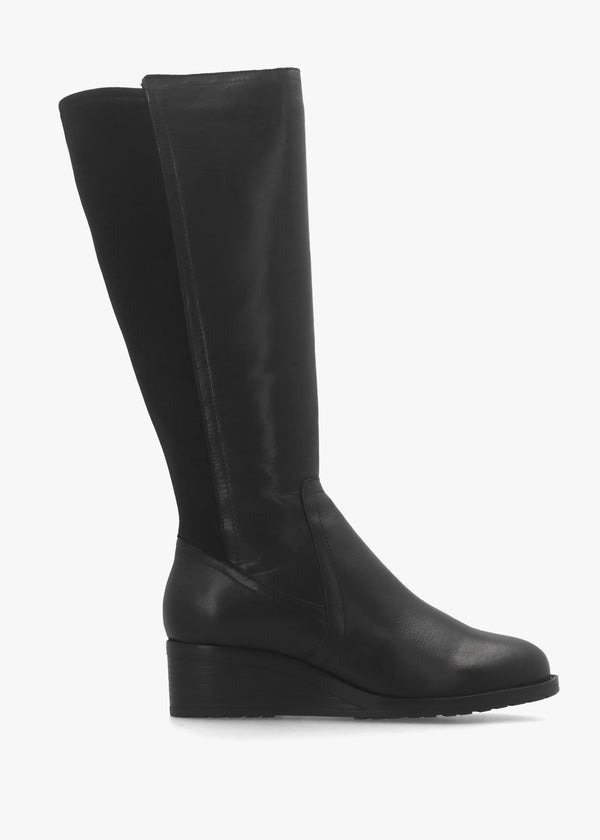 Rayna Black Leather Low Wedge Knee Boots