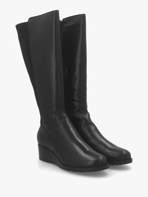 Rayna Black Leather Low Wedge Knee Boots