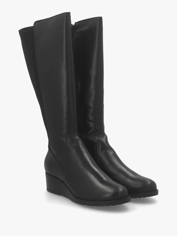 Rayna Black Leather Low Wedge Knee Boots