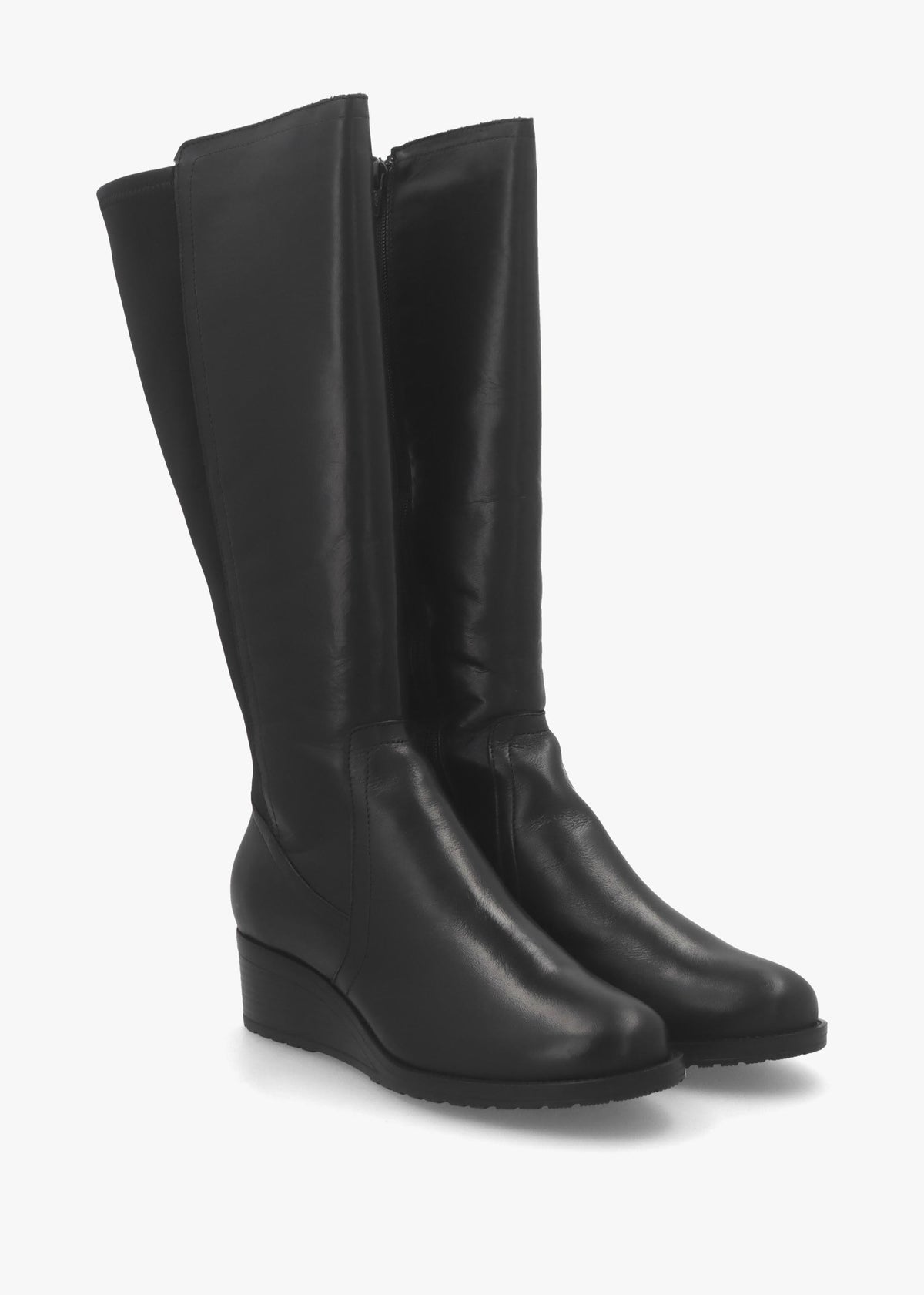 Rayna Black Leather Low Wedge Knee Boots