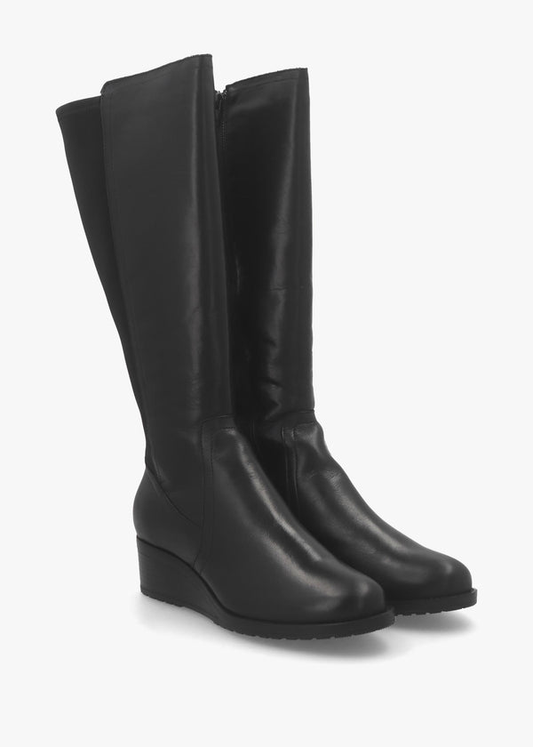 Rayna Black Leather Low Wedge Knee Boots