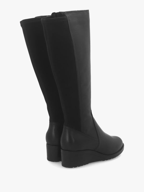 Rayna Black Leather Low Wedge Knee Boots