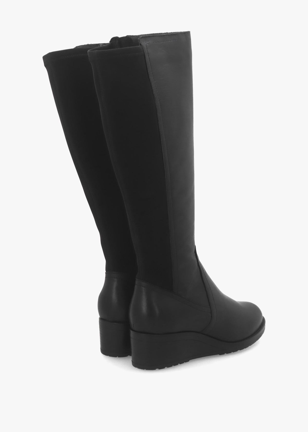 Rayna Black Leather Low Wedge Knee Boots