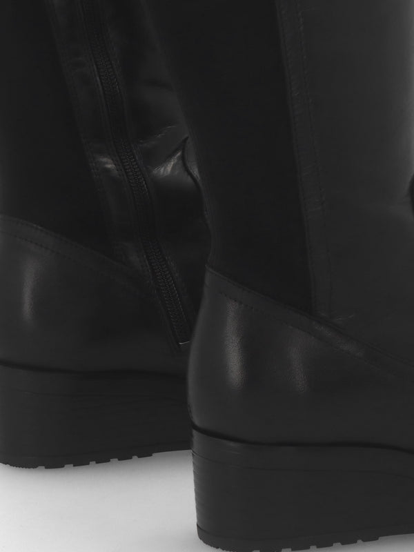 Rayna Black Leather Low Wedge Knee Boots
