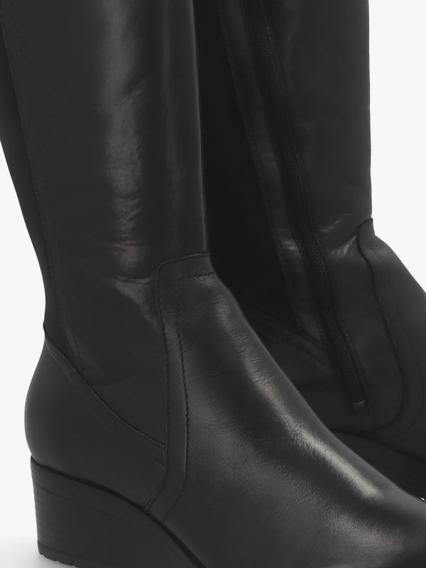 Rayna Black Leather Low Wedge Knee Boots