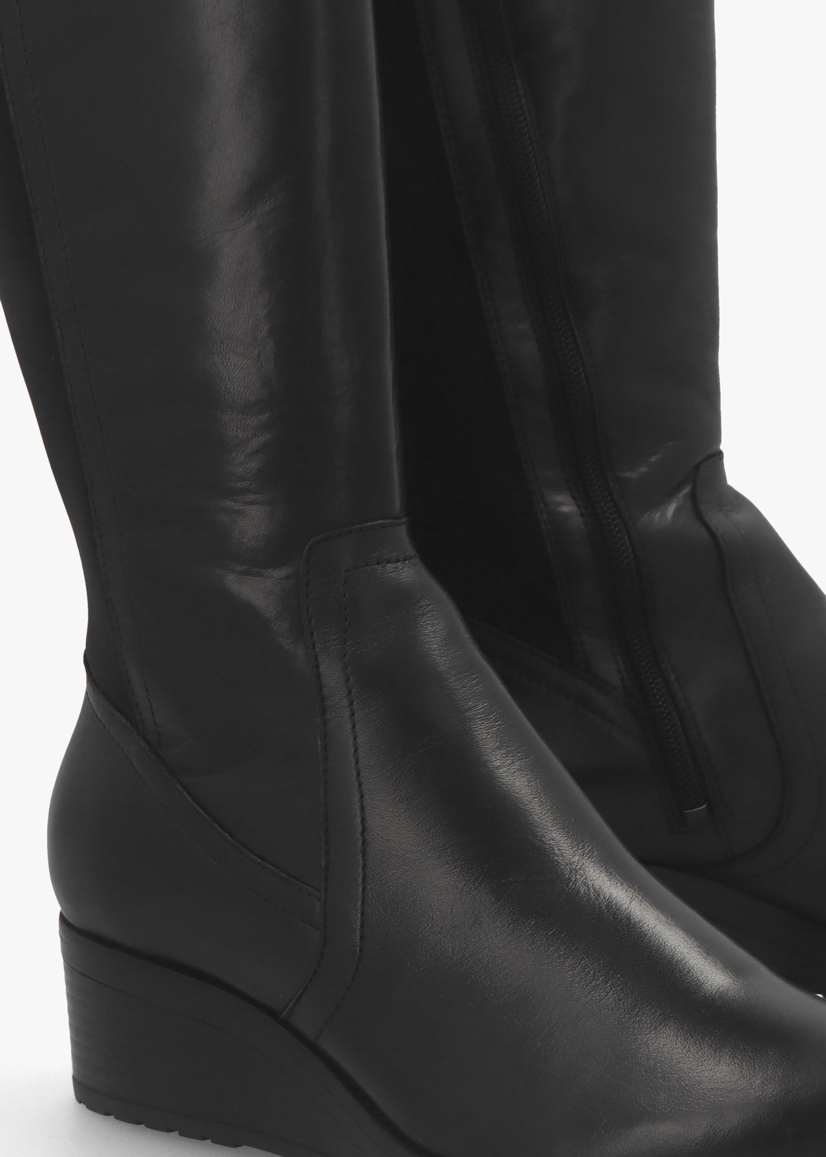 Rayna Black Leather Low Wedge Knee Boots