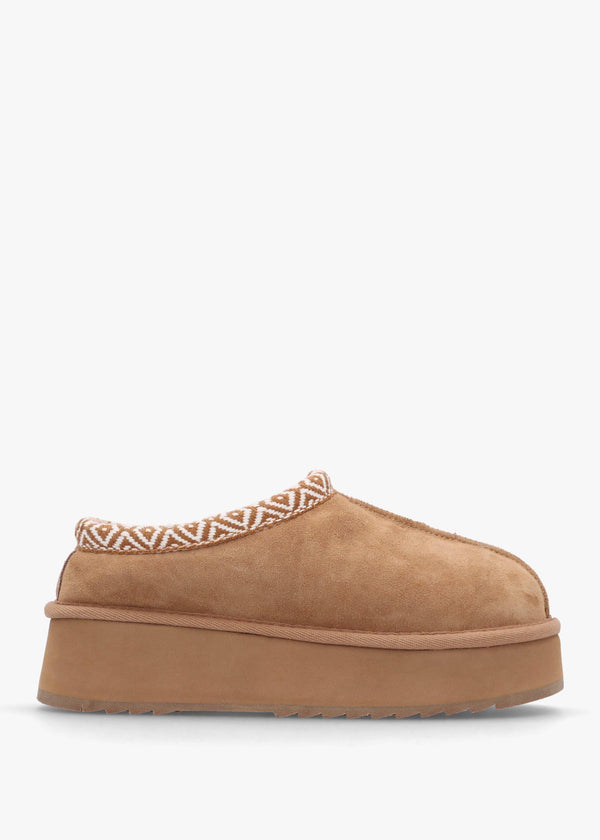 Somolly Tan Suede Shearling Platform Slippers