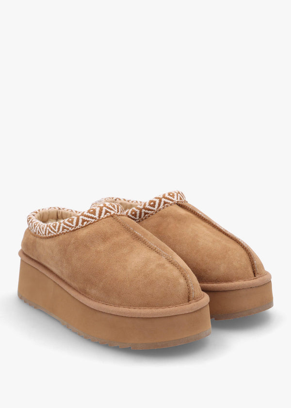 Somolly Tan Suede Shearling Platform Slippers