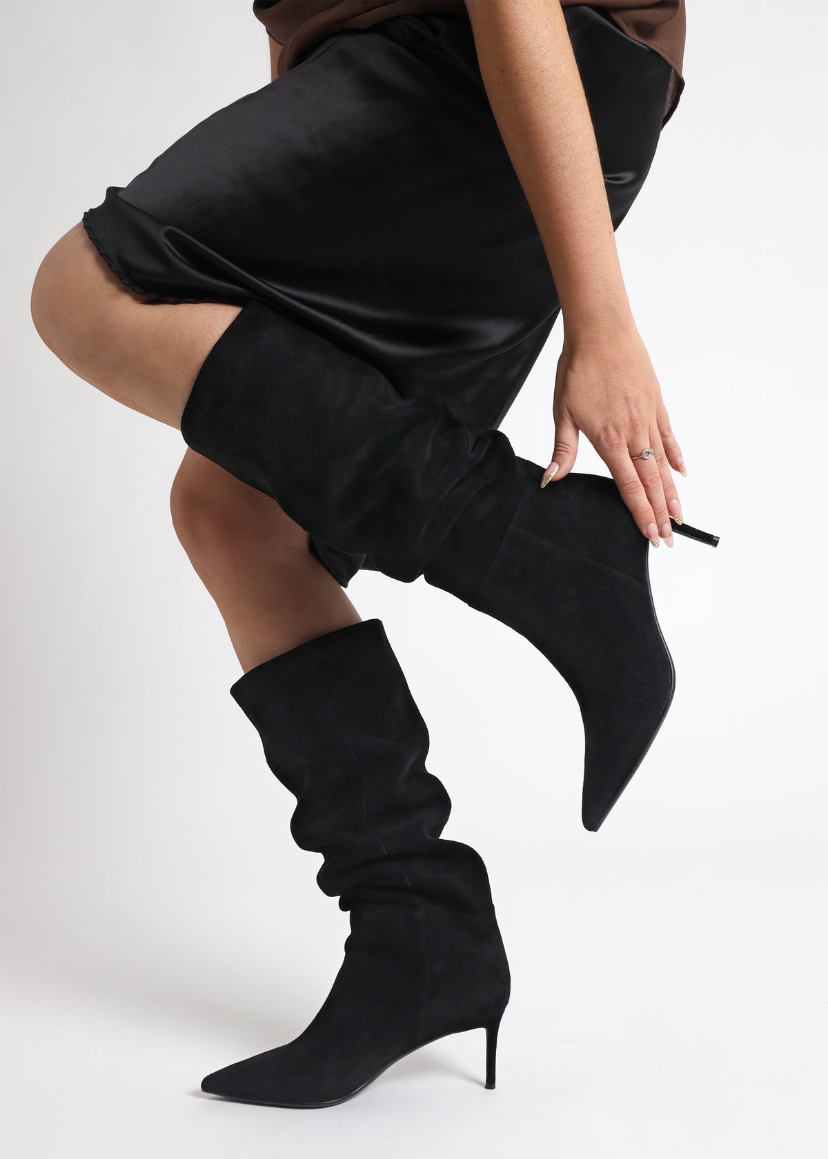 Suched Black Suede Heeled Knee Boots