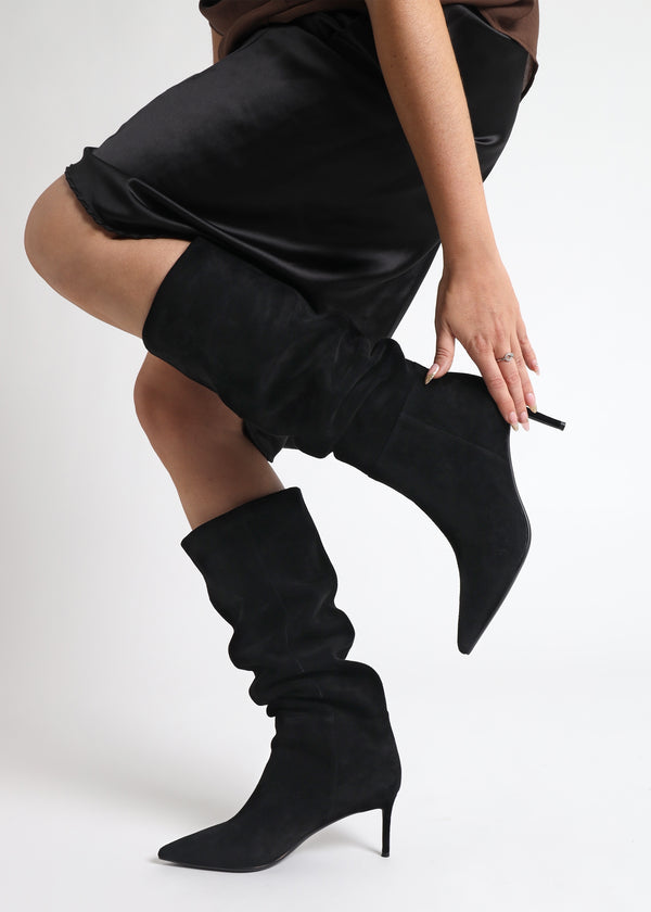 Suched Black Suede Heeled Knee Boots