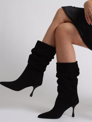 Fointer Black Suede Ruched Mid Calf Boots