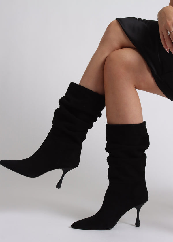 Fointer Black Suede Ruched Mid Calf Boots