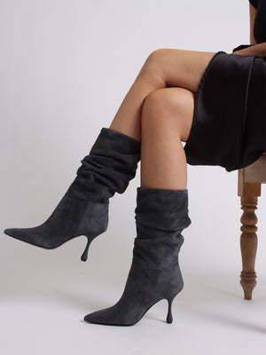 Fointer Grey Suede Ruched Mid Calf Boots