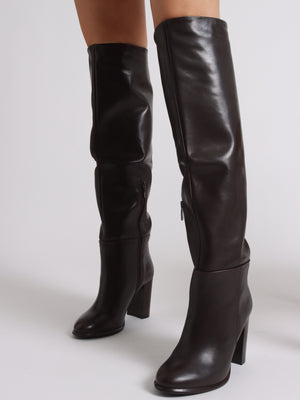 Lottie Brown Leather High Block Heel Knee Boots