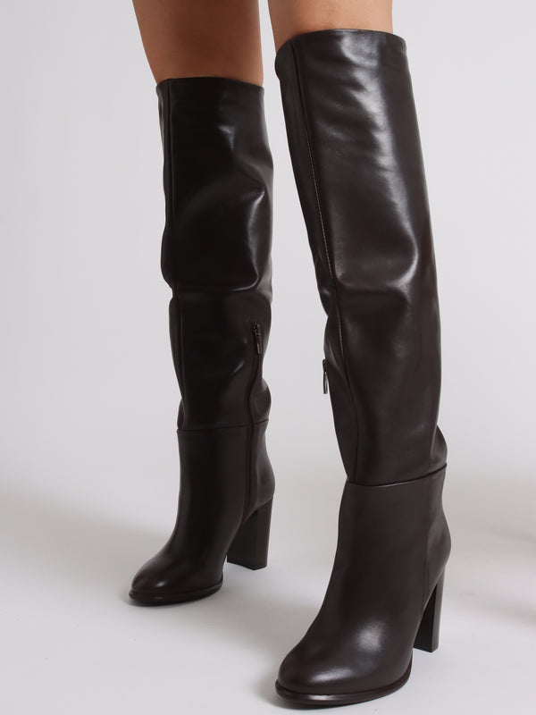 Lottie Brown Leather High Block Heel Knee Boots