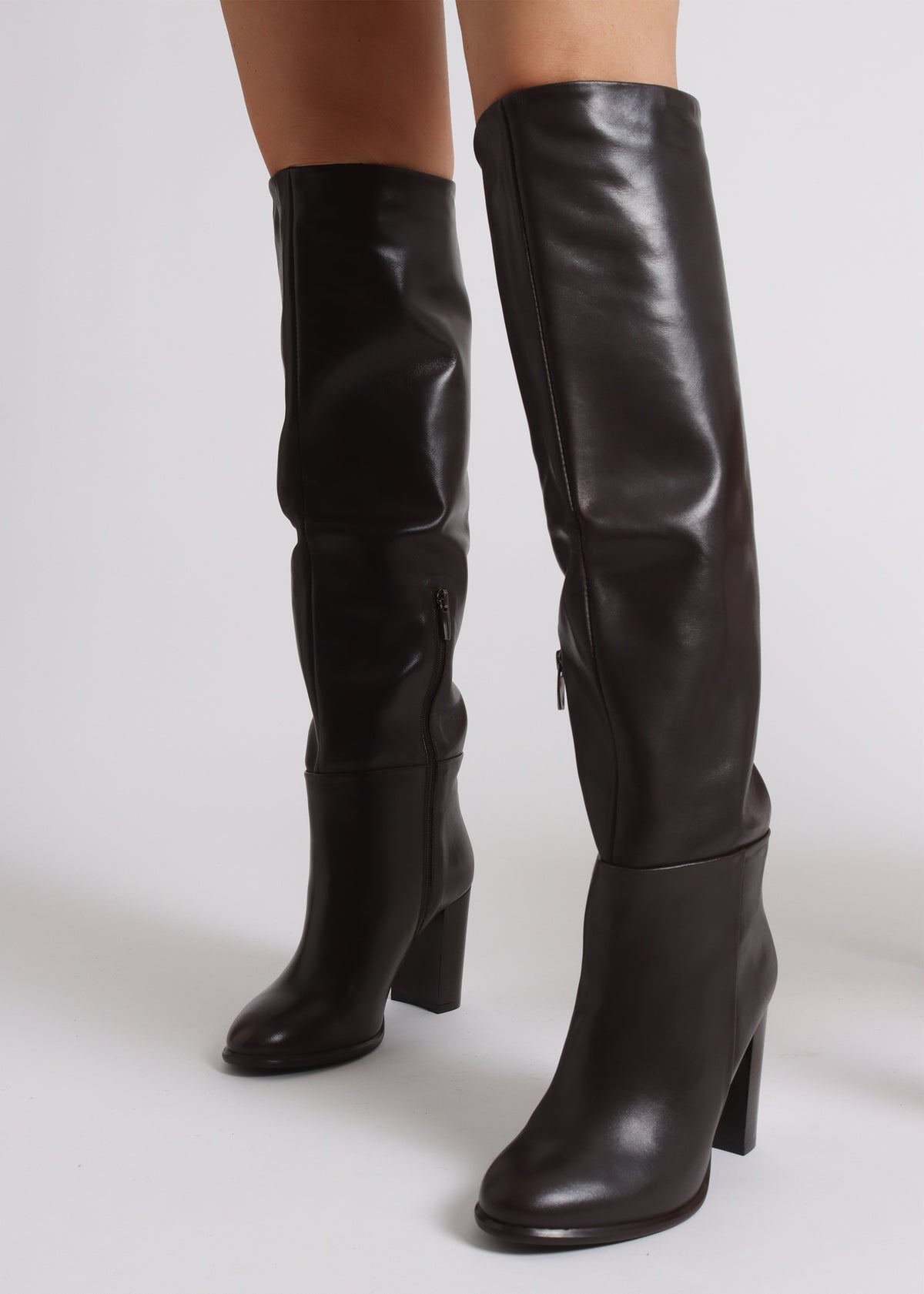 Lottie Brown Leather High Block Heel Knee Boots