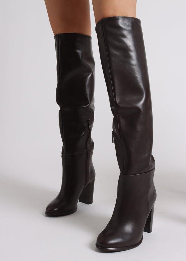 Lottie Brown Leather High Block Heel Knee Boots